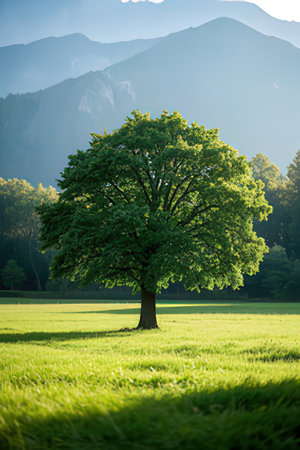 Oak tree on a meadow in the morning light at the foot of the Alpsの素材