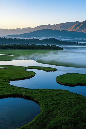 Beautiful landscape view of the lake and mountains in the morning.の素材