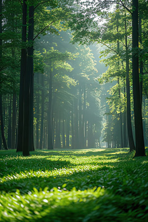 Morning in the forest. Sunlight in the green forest. Spring landscapeの素材