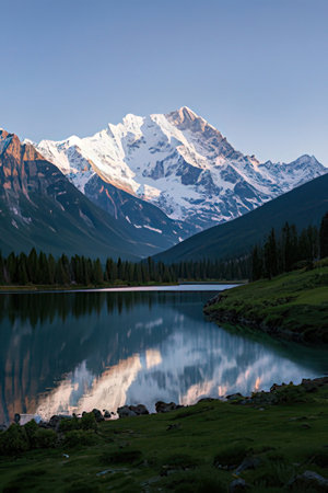 Mountain lake with reflection of the snow-capped peaks in the evening lightの素材