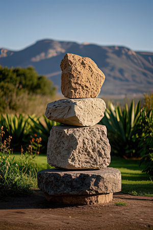 Pile of stones in the garden with mountains in the background.の素材