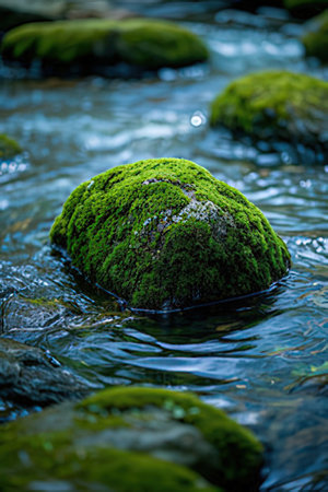 Mossy rocks in the river. Soft focus. Shallow depth of field.の素材