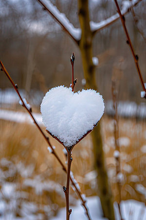 Heart shaped snowflakes on a twig in the winter forestの素材