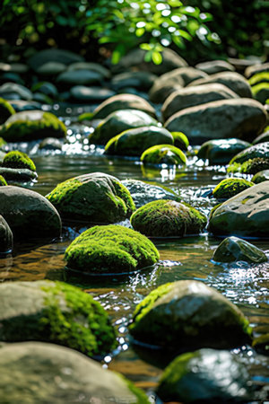 Beautiful green moss on stones in the stream with blurred background.の素材
