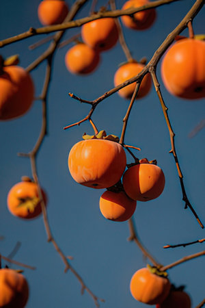 Persimmon fruit on the tree in autumn, close-upの素材