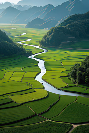 Aerial view of green rice terraces in the countryside of China.の素材