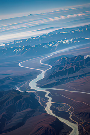 Aerial view of the river and mountains in Tibet, China.の素材