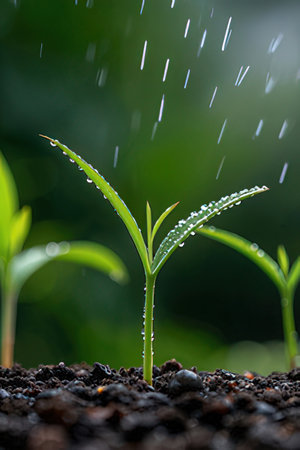Green seedling with water drops in morning light, agriculture concept.の素材