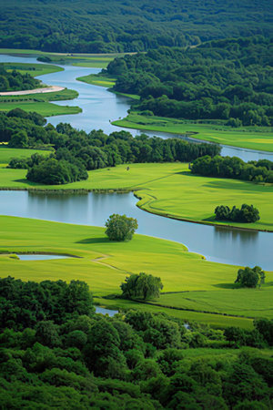 Aerial view of a beautiful green area with a river in the backgroundの素材