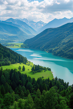 Beautiful mountain landscape with alpine lake and coniferous forestの素材
