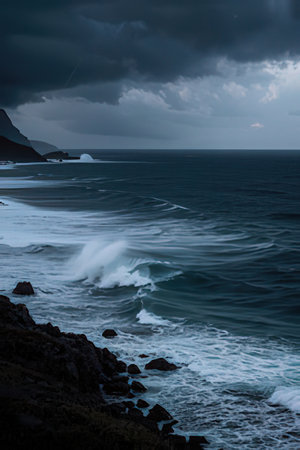 Stormy weather over the Atlantic Ocean in Tenerife, Canary Islands, Spainの素材