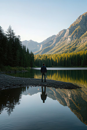 Man standing on the shore of a mountain lake and looking at the mountainsの素材