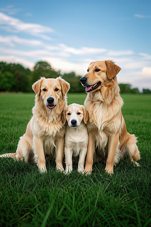 Three golden retriever dogs sitting on the green grass in the parkの素材