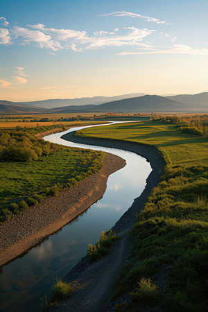 Landscape of a small river in the middle of the steppeの素材