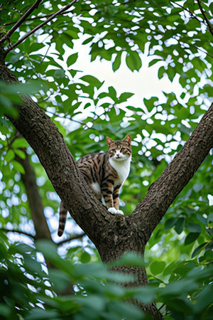 Cute cat sitting on a tree in the garden. Pet in the nature.の素材