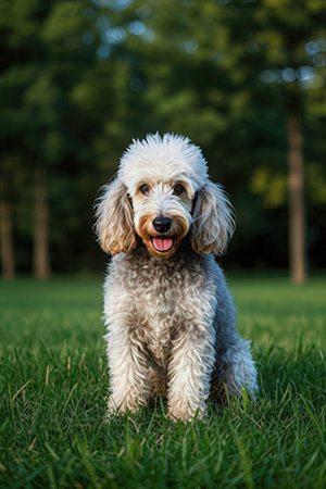 Poodle dog on the green grass in the park. Selective focus.の素材