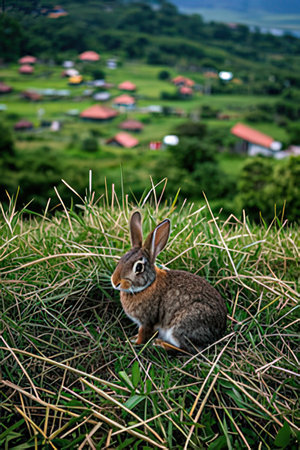 Rabbit in the green grass with mountain background,Thailand.の素材