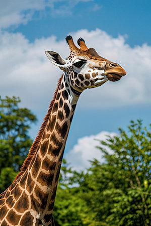 Giraffe head closeup on blue sky and green foliage backgroundの素材