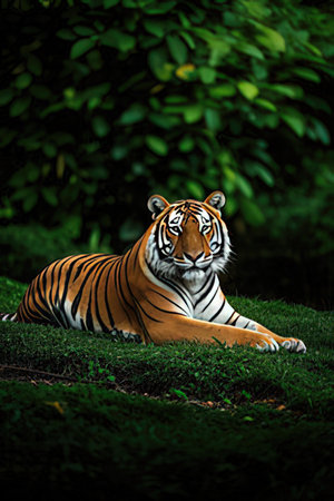 Tiger lying on the green grass with dark background.の素材