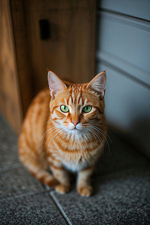 Cute ginger cat sitting on the stairs. Selective focus.の素材