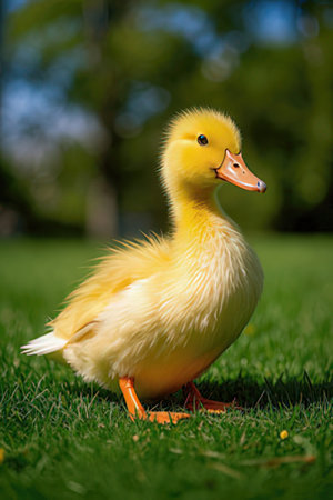 Yellow duckling on green grass in sunny day, shallow depth of fieldの素材