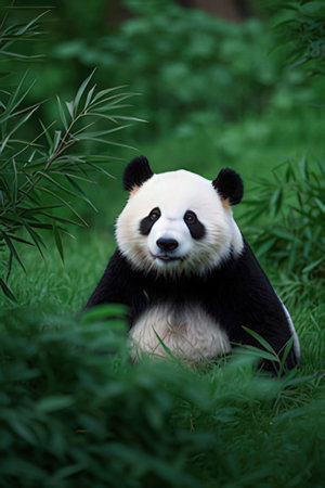 Giant panda sitting in the grass looking at the camera.の素材