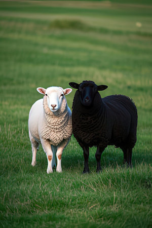 Sheep on a green meadow in the spring. Shot in Denmarkの素材