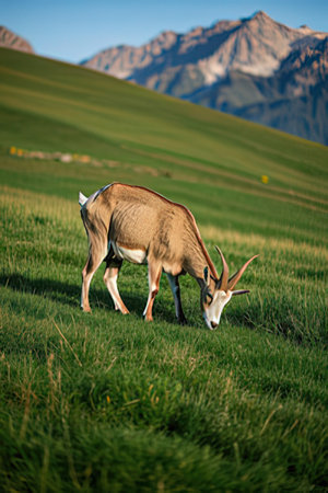 Chamois grazing on a green meadow with mountains in the backgroundの素材
