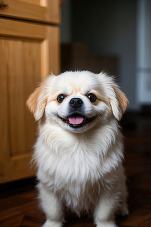 Cute little Pekingese dog looking at the camera and smilingの素材