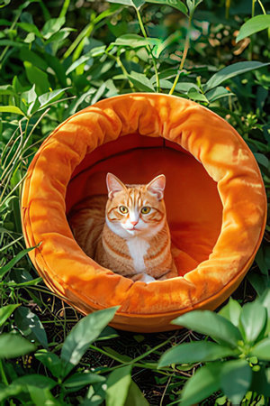 Cute ginger cat sitting in orange basket on green grassの素材