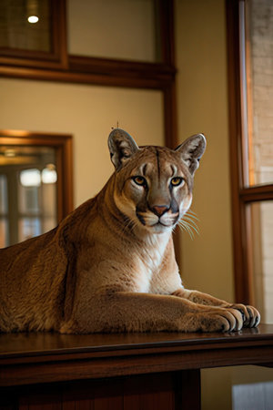 Puma (Puma concolor) on a table in a roomの素材