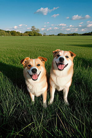Two dogs standing on green grass in summer field and looking at cameraの素材