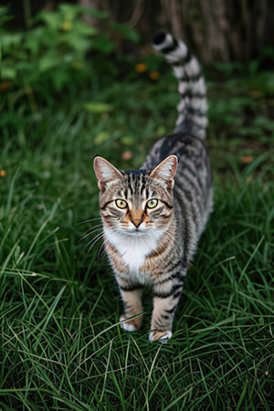 Beautiful tabby cat walking on the green grass in the gardenの素材