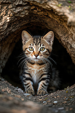 Portrait of a striped kitten in a hole in the ground.の素材