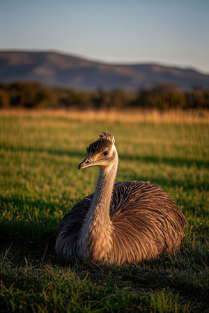 Ostrich in the field at sunset, South Africa. Animal portraitの素材