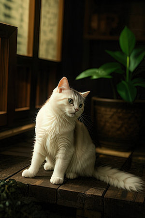 Beautiful white cat sitting on the wooden floor in the room.の素材