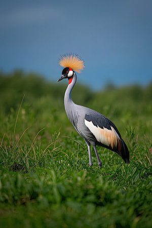 Gray Crowned Crane, Balearica regulorum, single bird on grass, Tanzaniaの素材