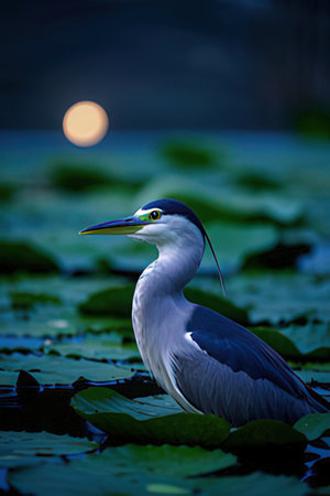 Gray heron in the pond at night with full moon in the backgroundの素材