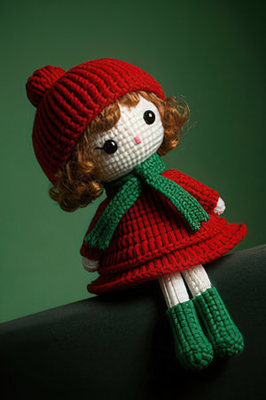 Knitted crochet doll with red hat and scarf on dark green backgroundの素材