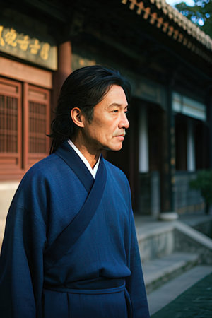 Portrait of a Japanese man wearing a blue suit in a templeのeditorial素材