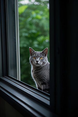 British Shorthair cat sitting on a window sill and looking outの素材