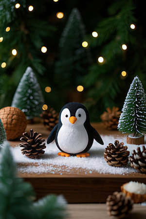 Christmas greeting card with Christmas tree and penguin on wooden background. Copy space.の素材