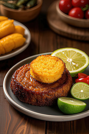 Tropical cake with rice and vegetables on wooden background.の素材