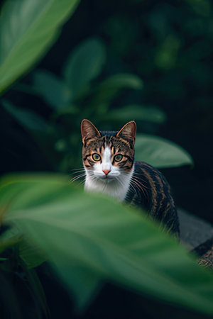 Portrait of a cute cat in the garden. Animal portrait.の素材