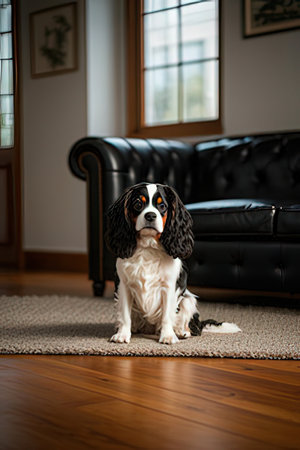 Cavalier King Charles Spaniel sitting on the floorの素材