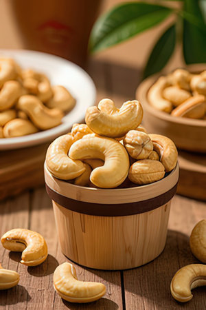 Cashew nuts in a wooden bowl on a rustic wooden tableの素材