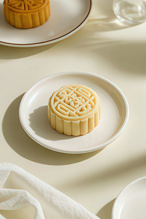 Mid-Autumn Festival moon cake on yellow background. Chinese mid-autumn festival foods.の素材