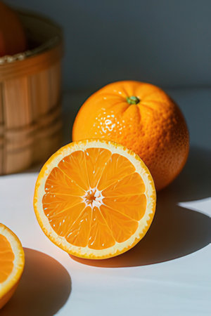 Slices of orange on a white background with hard shadows.の素材