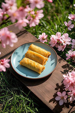 Spring rolls on a plate with cherry blossoms in the background.の素材