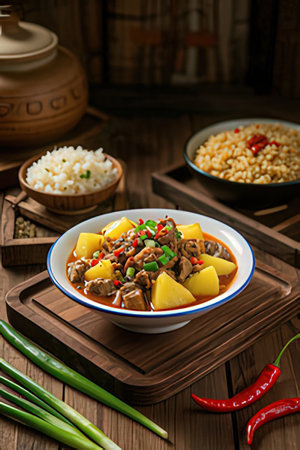 chinese cuisine. Stir-fried beef with vegetables and rice on wooden backgroundの素材